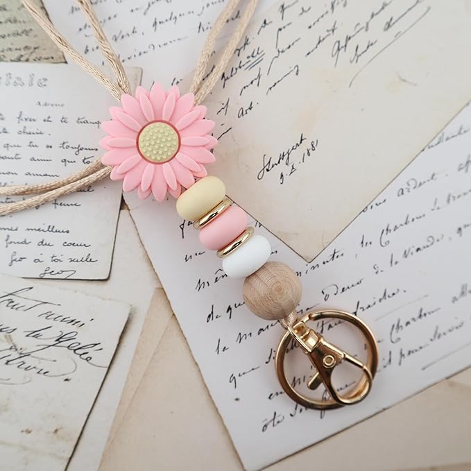 Flower Teacher Lanyards ID Badge and Key Chain, Cute Silicone Beads Lanyard for Women Nurse Work Student (Pink)