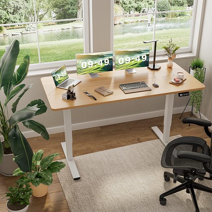 Furmax Electric Height Adjustable Standing Desk Large 63 x 24 Inches Sit Stand Up Desk Home Office Computer Desk Memory Preset with T-Shaped Metal Bracket, Wood