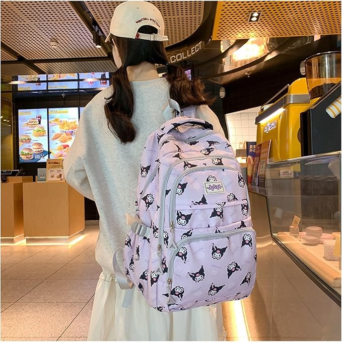 Roffatide Anime Kuromi All Over Print Large Capacity Casual Backpack Laptop Backpack Travel Hiking Rucksack Bike Backpack Purple