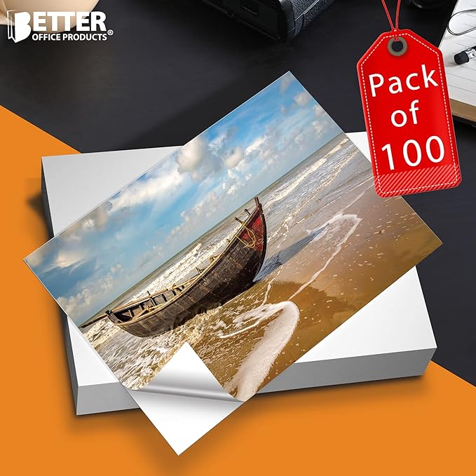 Better Office Products Self-Adhesive Photo Paper, Sticky Photo Paper, Glossy, 8.5 x 11 Inch, 100 Sheets, 135 gsm, Letter Size, 100 Count Pack