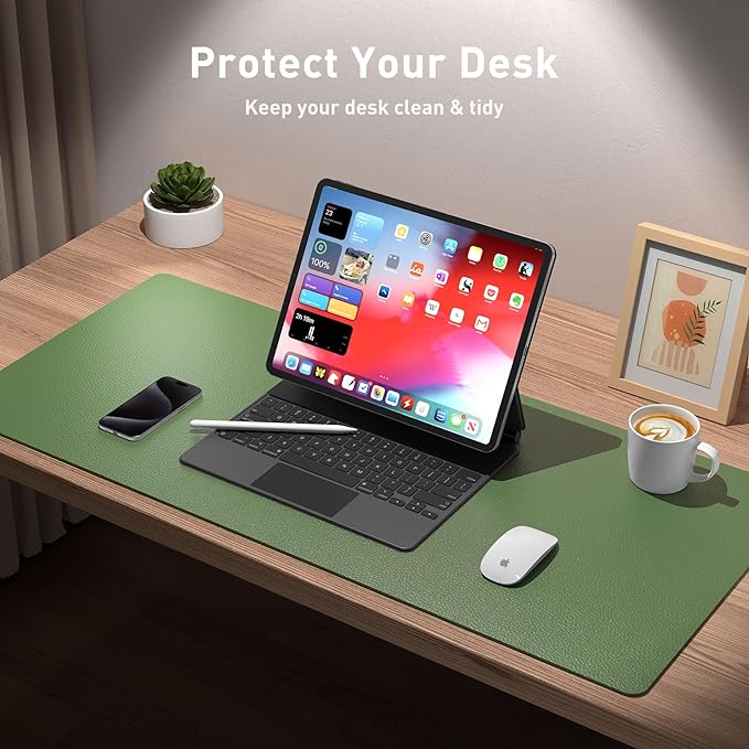 Aothia Leather Desk Pad Protector, Mouse Pad, Office Desk Mat, Non-Slip PU Leather Desk Blotter, Laptop Desk Pad, Waterproof Desk Writing Pad for Office and Home (23.6" x 13.7", Olive Green)
