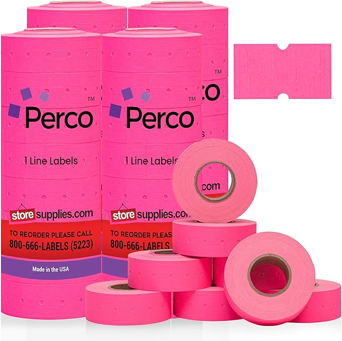 Perco 1 Line Fluorescent Pink Labels - 32 Rolls, 4 Sleeves, 32,000 Blank Price and Date Gun Labels for Perco 1 Line Price and Date Guns - Made in USA