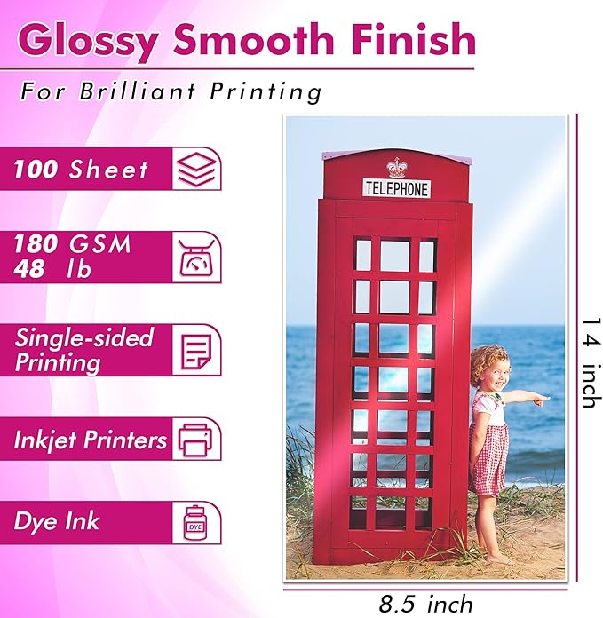 Koala Glossy Inkjet Photo Paper 8.5X14 Inches 48lb 100 Sheets Professional Glossy Photographic Paper Compatible with Inkjet Printer Use DYE INK 180gsm Legal Size