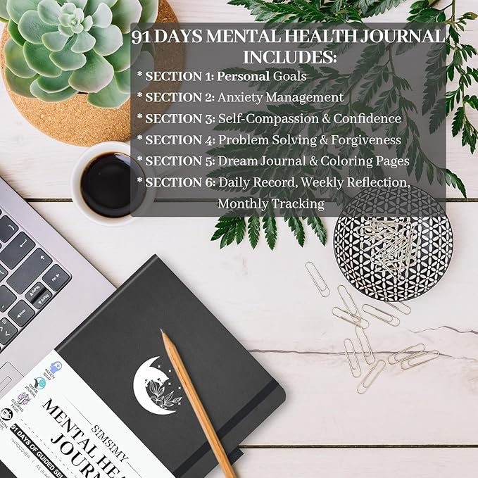 Mental Health Journal, 91-Day Self Care Journal for Women Men, Guided Anxiety & Stress Relief Journal with Mood Tracker, Cognitive Behavioral Therapy Journaling with Mental Health Coloring Pages & Dream Log