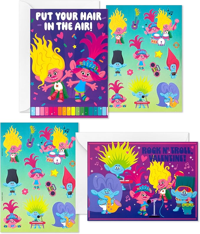 Hallmark Trolls Valentine's Day Cards Assortment for Kids (24 Valentine Cards, 24 Sticker Sheets and Envelopes)
