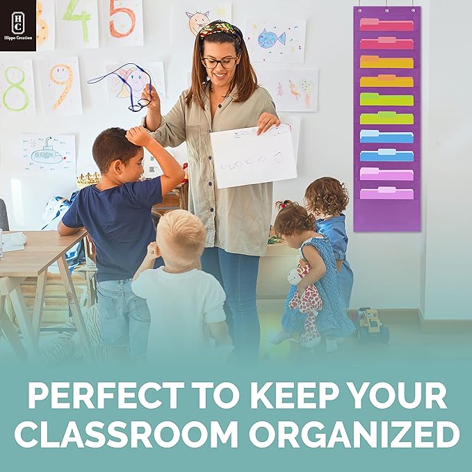 Hippo Creation Heavy Duty Storage Pocket Chart for Classroom, 10 Pocket Storage Organizer with 3 Over-Door Hangers, Hanging Wall Organizer for File Folders, School Mailbox, Home Office Papers - Purple