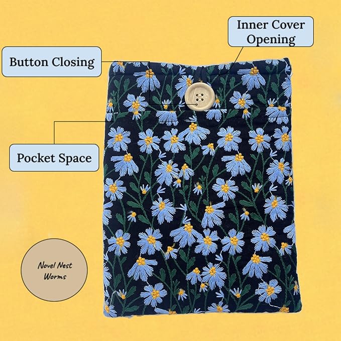 Embroidered Blue Daisy Book Sleeve. Black Book Cover/Protector