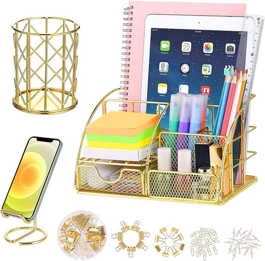 JUOPIEA Desk Organizers and Accessories Office Supplies Organizer with Pen Holder, 72 Clips Set and Phone Stand, Metal Mesh Desktop Organizers with Drawer for Home, Office, School Ect (Gold)
