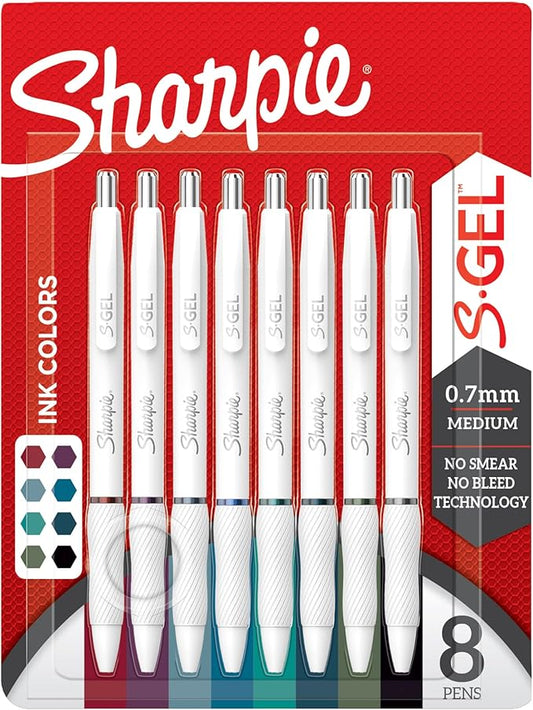 Sharpie S-Gel Pens, Fashion Barrel Gel Pens, Pearl White Body, Medium (0.7mm) Point, Bold Ink Colors, 8 Count