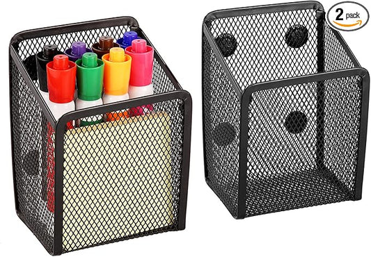 Magnetic Pencil Holder - Extra Strong Magnets Mesh Marker Holder Perfect for Whiteboard, Refrigerator and Locker Accessories (1 Basket, 2 Packs Black)