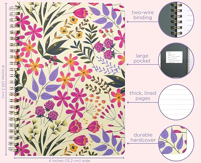 Steel Mill & Co Cute Pink/Purple Floral Mini Spiral Notebook, 8.25" x 6.25" Journal with Durable Hardcover and 160 Lined Pages, Wildflowers
