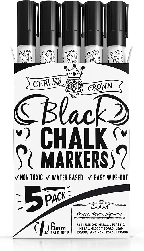 CHALKY CROWN Liquid Chalk Marker Pen - Dry Erase Marker - Chalk Markers for Chalkboard Signs, Windows, Blackboard, Glass - 6mm Reversible Tip (Black, 5 Pack)