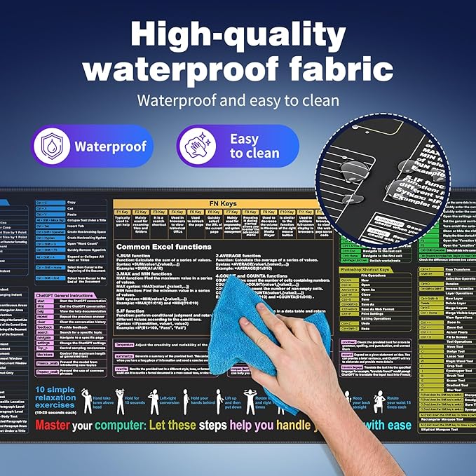 Waterproof Desk pad—Excel Cheat Sheet Desk pad—Contains Various commonly Used Office Software Such as Excel, Word, etc—Large XL Mouse pad Gaming|Office Keyboard pad|Computer mat with excel Shortcuts