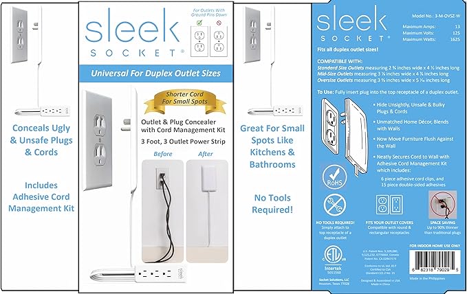 Sleek Socket Original & Patented Ultra-Thin Outlet Concealer with Cord Concealer Kit, Flat Extension Cord with Multi Outlets Power Strip, Ideal for Home Improvement, Hide Bulky and Messy Cords