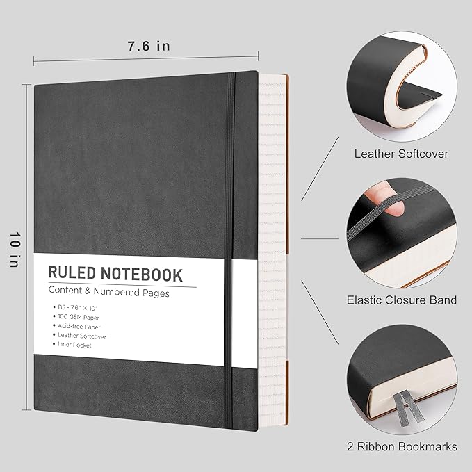 RETTACY Journaling Notebooks, B5 Lined Journal Notebook with 320 Numbered Pages, 7.6" × 10", Medium Size, Journal Notebook for Writing, Work, School, Leather Softcover, 100 GSM Thick Paper (Gray)