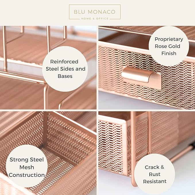 BLU MONACO Workspace Rose Gold Desk Organizers and Storage Accessories Desktop Rack File Organizer with File sorters and Drawer for Office Supplies - Cute Desk Organizer
