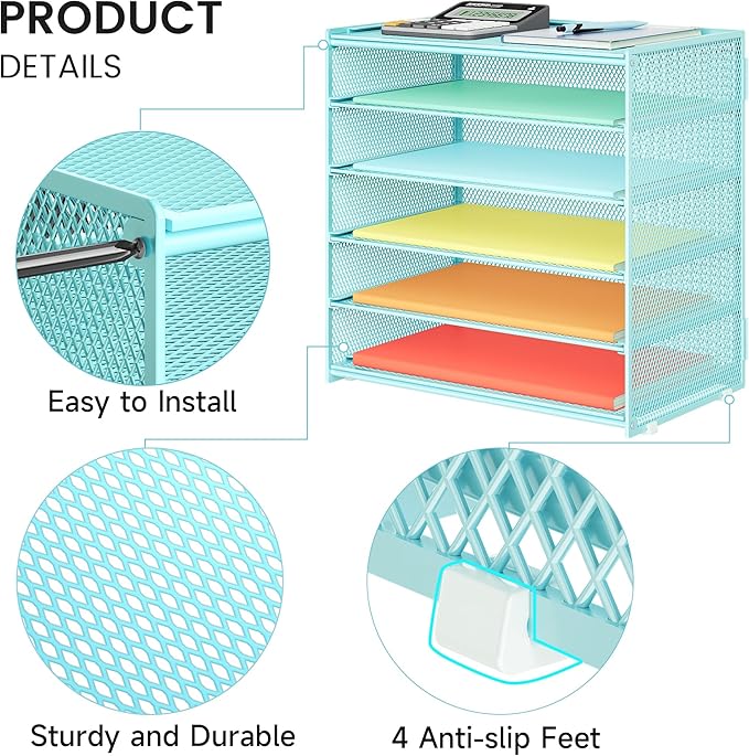 6 Tier Paper Organizer, Metal Mesh Desk File Organizer, Letter Tray Organizer, Paper Sorter Desk Organizer for Office, Home or School File Folder Holder - Blue