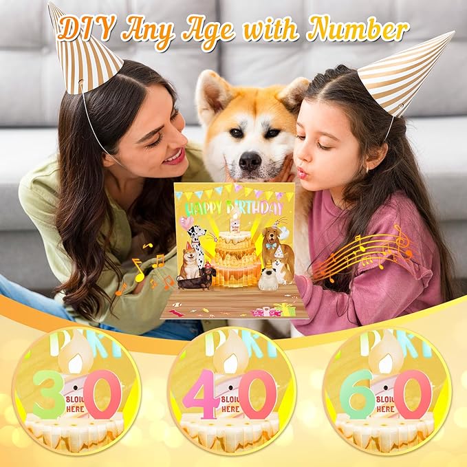 Birthday Cards, Dog Funny Blowable Candle Pop up Greeting Card with Lights Music, Birthday Gifts for Women Men Dog Lover Mom or Dad