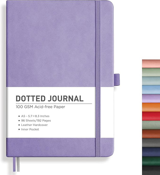 RETTACY Bullet Dotted Journal, A5 Dotted Notebook Journal with 192 Pages, 5.7'' × 8.3'', Medium Size, 100 GSM Thick Paper, Leather Hardcover, Bullet Journaling, Planning (Purple)