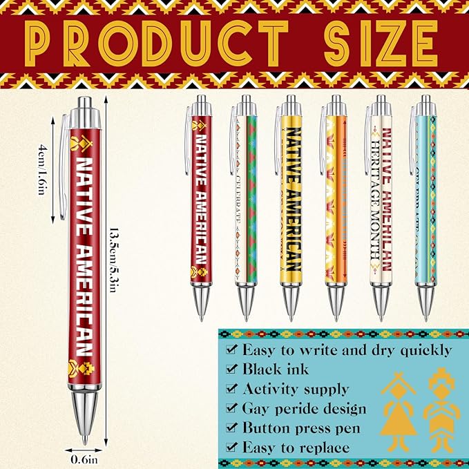 24 Pcs Native American Heritage Month Appreciation Gifts Pens Native American Ballpoint Pen Thank You Work Pen Birthday Gifts for Native American Men Women Retired, 6 Styles