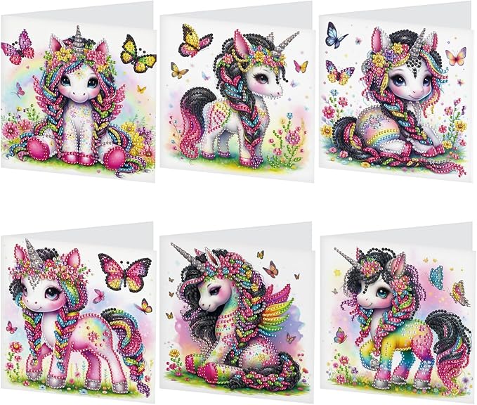 6 Pcs 5D Diamond Painting Greeting Cards Kits, Handmade Festival Greeting Cards with Envelopes DIY Diamond Art Crafts Birthday Cards Sparkling Holographic Designs for Birthdays (Colorful Animals)