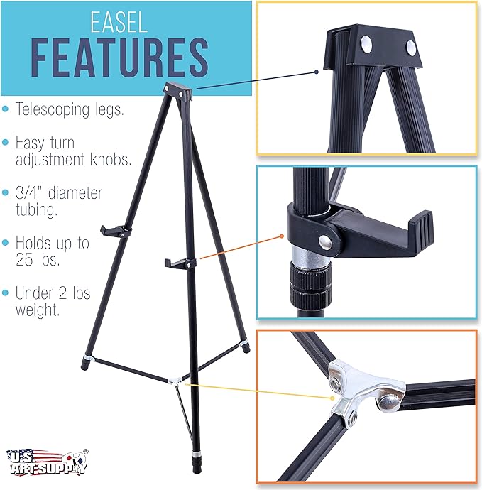 U.S. Art Supply 66" High Showroom Black Aluminum Display Easel and Presentation Stand (Pack of 10) - Large Adjustable Height Portable Floor and Tabletop Tripod, Holds 25 lbs, Paintings, Signs, Posters