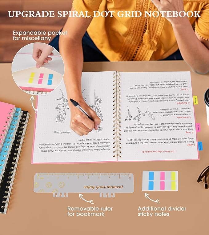 Dotted Notebook, Spiral Notebook Journal 8.5” x 11”, A4 Large Dot Grid Notebooks for Women Men, 100 GSM Dotted Paper, Plastic Hardcover Spiral Bullet Dotted Journals for Work School Sketching, Pink