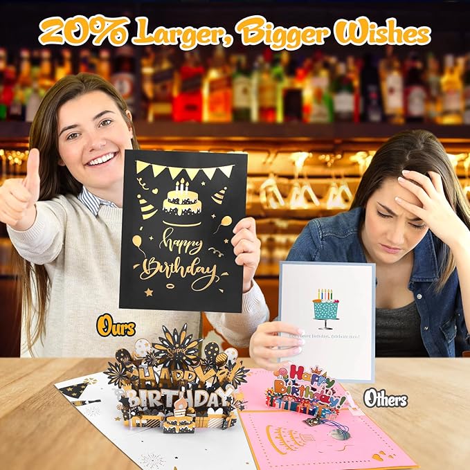 Birthday Card | Musical Pop Up Birthday Cards w Light | Blow Out LED Light Candle & Play Happy Birthday Music Pop Up Card | Greeting Cards Gifts for Him or Her | Black Gold (Blowable Candle)