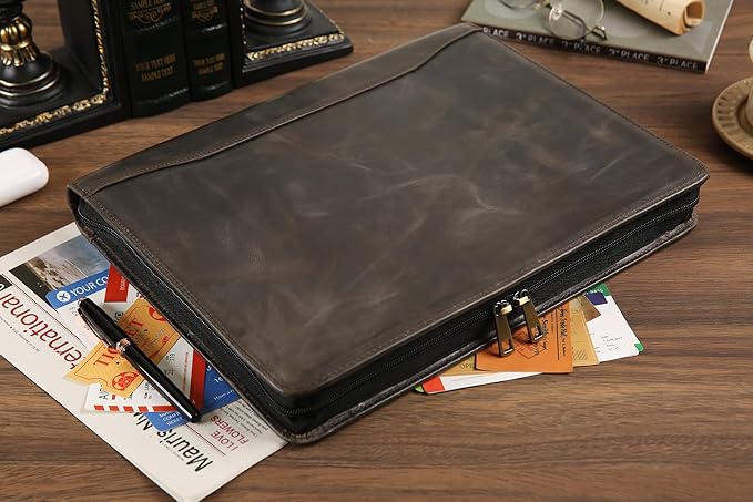 Portfolio Binder 3 Ring, Leather Binder Portfolio Folder for Left-Handed, Zippered Portfolio Padfolio Binder for Women, Leather Portfolio Organizer for Men (Grey, Non-Custom)
