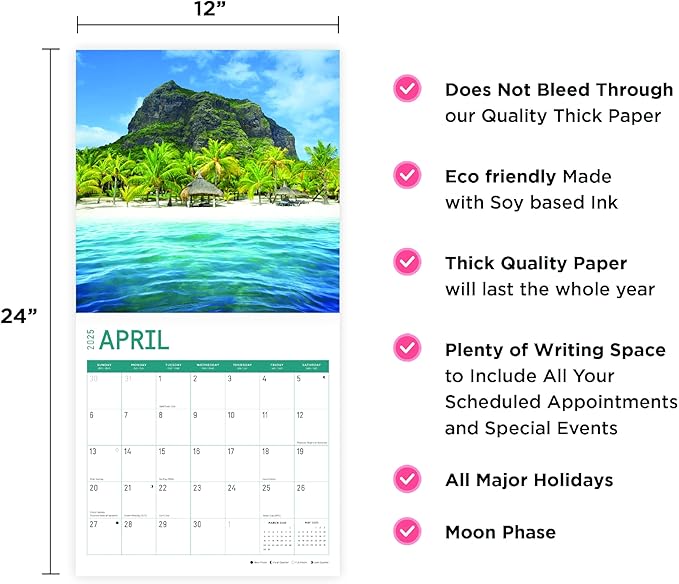 2025 Islands Monthly Wall Calendar by Bright Day, Includes Over 300 Stickers, 12 x 12 Inch