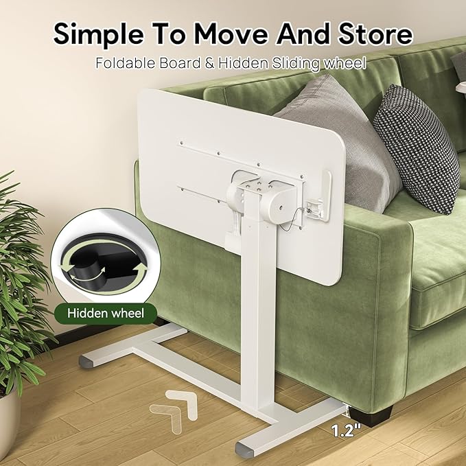 Rolling Laptop Desk, 180° Tiltable Mobile Standing Desk Height Adjustable, Overbed Bedside Table, Portable Computer Desk with Wheels, Foldable Laptop Cart for Home Office, White