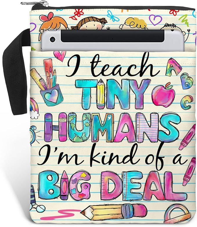 84hoods Book Sleeve Bag Gift for Teachers and Book Lovers. Book Cover Bag with Zipper and Front Pocket for Paperbacks. Washable Fabric 11 X 8.5 Inch Padded Book Bag Protector Pouch. Tiny Humans.