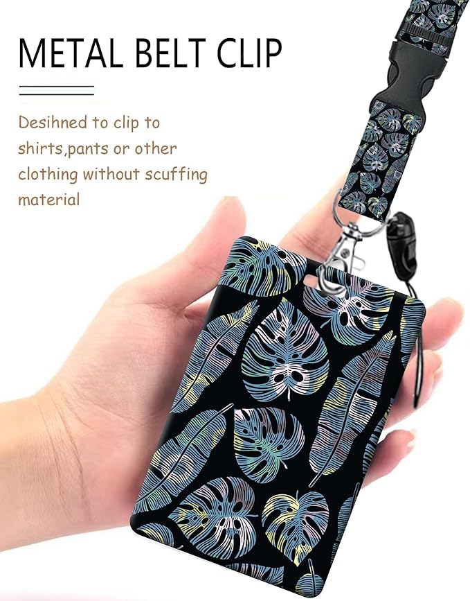 ID Badge Holder with Retractable Lanyard and Keychain, Badge Reel with Rotate Carabiner Clip,Yellow Blue Leaves Card Name Tag Lanyard ID Protector Bage Clips for Student, Women, Office