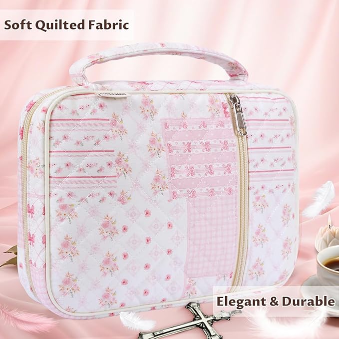shirabags Quilted Bible Cover Case for Women - Elegant Cotton Bible Bag for Study, Church, Christian Gifts for Women (Pink Bow Patchwork, M)