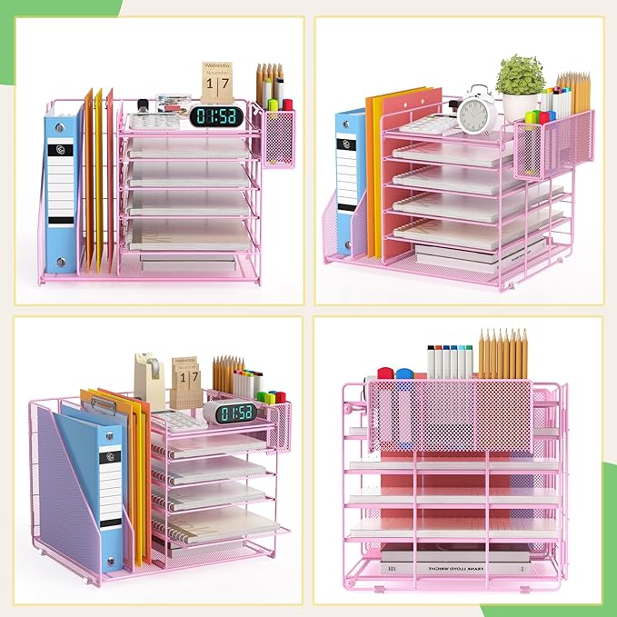 File Organizer for Desk, 6 Tier Desk Organizer Paper Tray with File Holder Pen Holder, Mesh Office Desk Accessories & Workspace Organizers (Pink)