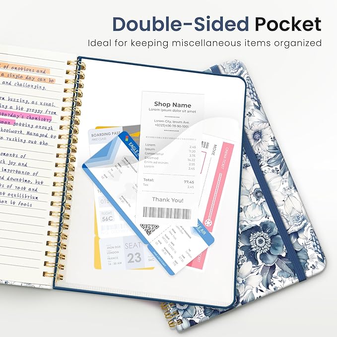 Lined Spiral Journal Notebook for Women, A5 College Ruled Journals for Writing, Hardcover Notebooks for Work, Note taking and Office School Supplies,140 Pages - Blue Floral