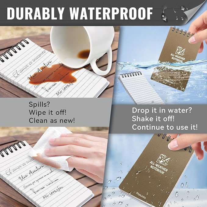 POPYOLA 8 Pack Waterproof Pocket Notebook, 3x5 Pocket Notepad, All Weather Mini Spiral Notepad, Write in the Rain Police Notepad with 100 Squared Pages for Outdoor Home Office School, Tan