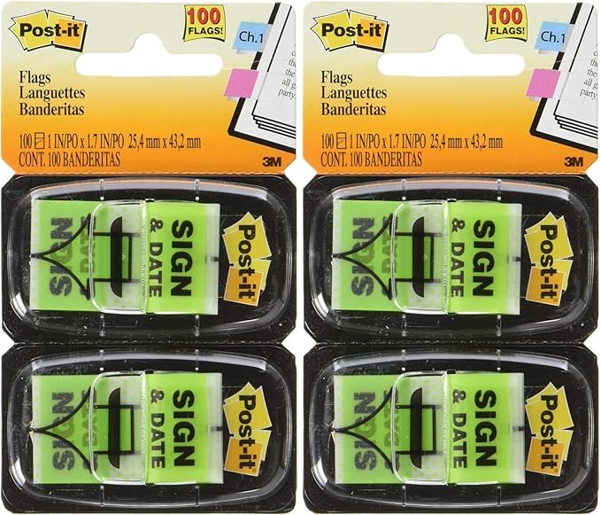 Post-it 680SD2 Sign and Date Message Flag, 1"x1-3/4", 100/PK, Green- Pack of 2
