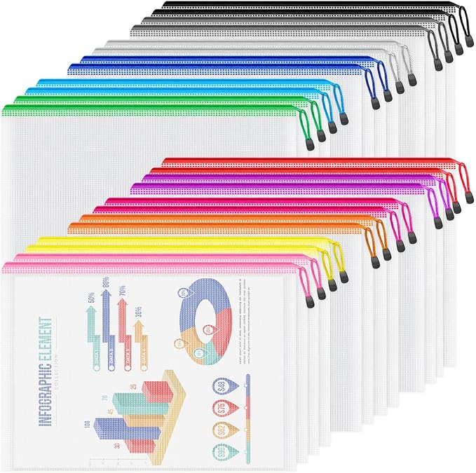 Smarpau A4/Letter Size Zipper Pouch, 24 Pack 12 Colors 13.3" x 9.4" Plastic Zipper Bags for Organizing, Multipurpose Waterproof Mesh Zipper Pouches for Travel, Office, Home Storage