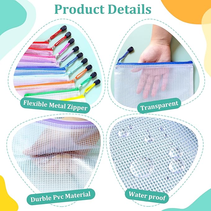 9pcs Mesh Zipper Pouch Bags, A3 Sizes Zipper Pouch, Mesh Bags With Zipper, Plastic Zipper Pouches, 9 Colors Zipper Pouches for Organizing, Board Game Storage, Travel, School Office organize