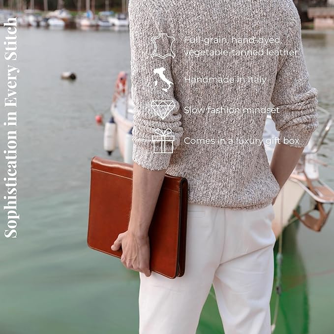 Time Resistance Leather Portfolio - A4 Document Folder - Padfolio - Italian Handcrafted Organizer Folio - Gift Box Included