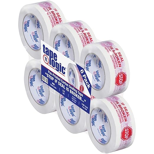 Aviditi Tape Logic 2 Inch x 110 Yard 2.2 Mil Red/White, Heavy Duty Packing Tape, "Stop If Seal is Broken" 6 Pack, Perfect for Packing, Shipping, Moving, Home and Office