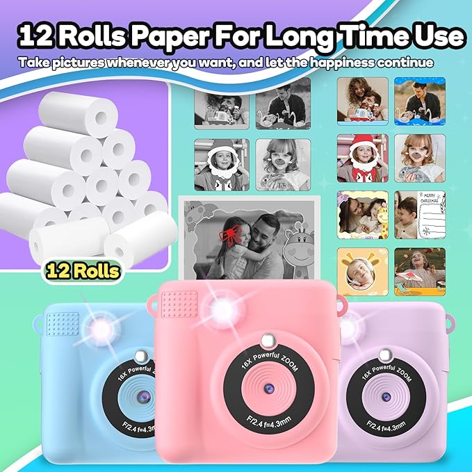 Printer Paper,12 Rolls for Kids Instant Print Camera,HD Printing Thermal Print Paper (12 Rolls)