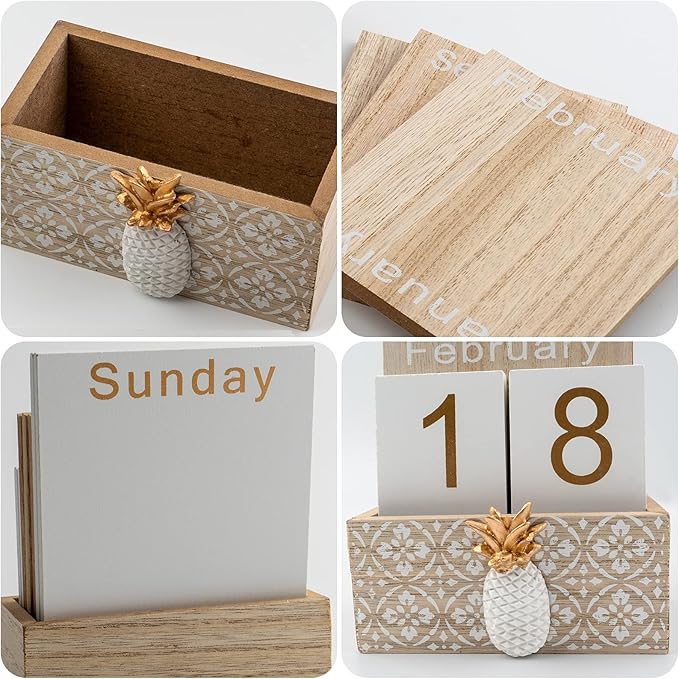 Notakia Vintage Wood Block Perpetual Calendar Month Week Date Display for Home Office Desk Rustic Decoration, Brown pineapple