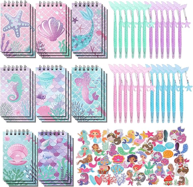 LiYiQ 148 Pcs Mermaid Mini Spiral Notepads Mermaid Pens Stickers Set for PET Birthday Classroom School Reward Gift Prizes Goodie Bags Stuffers