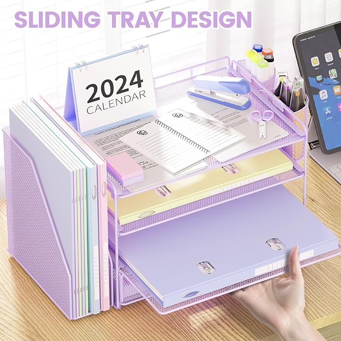Paper Clip Holders Desk Organizers and Accessories,4-Tie Leter Tray Organizer with 2 Pen File Holder,Desk Drawer,Ofice Accesorie for Office Supplies,Purple