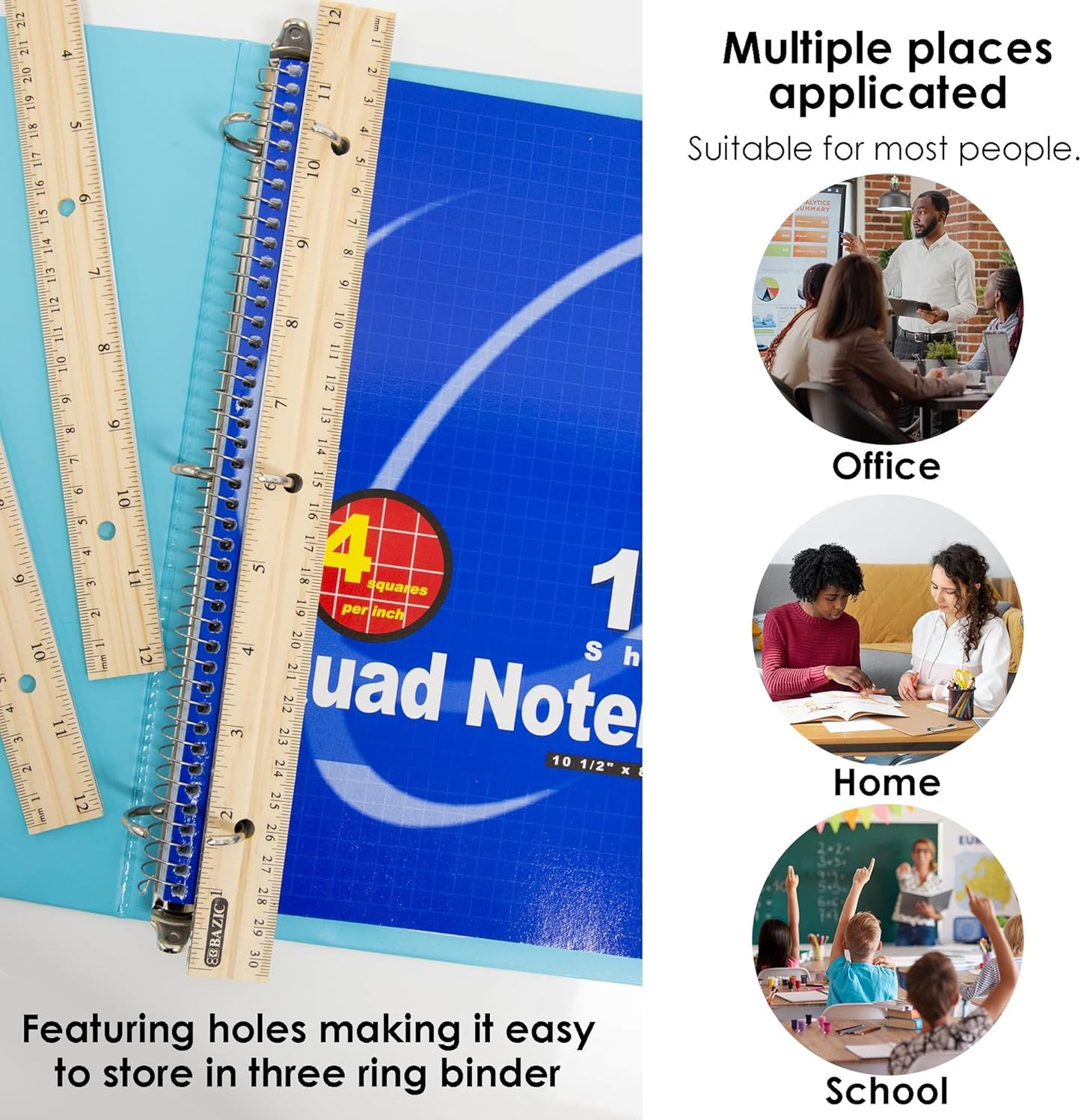 BAZIC Wooden Ruler 12" (30cm), Singel Metal Edge, Inches Centimeter Metric Measuring Drafting Rulers, for Students School Supplies (3/Pack), 2-Packs