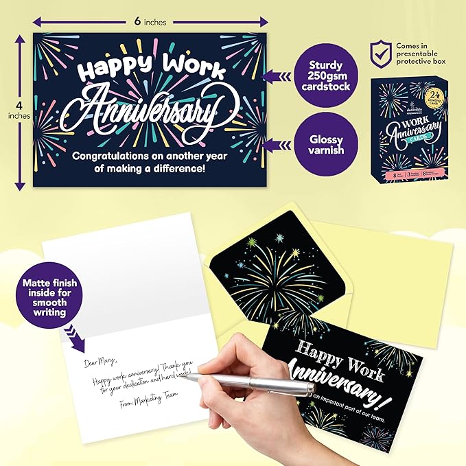 Decorably 24 Pack 6x4in Happy Work Anniversary Cards for Employees with Envelopes & Stickers, 8 Fireworks Designs Employee Anniversary Cards, Blank Inside