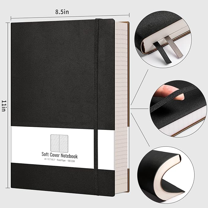 AHGXG 8.5''×11' Notebook College Ruled - Large A4 Notebook Lined Journal - 320 Pages Thick Journal for Writing, 100gsm Thick Paper, Leather Softcover, for Work School - Black