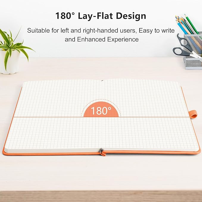 RETTACY Graph Paper Notebook, A5 Grid Notebook Journal with 192 Pages, 5.7'' × 8.3'', Medium Size, Leather Hardcover, 100 GSM Thick Paper, for Students, Homework, Math, Engineering (Orange)